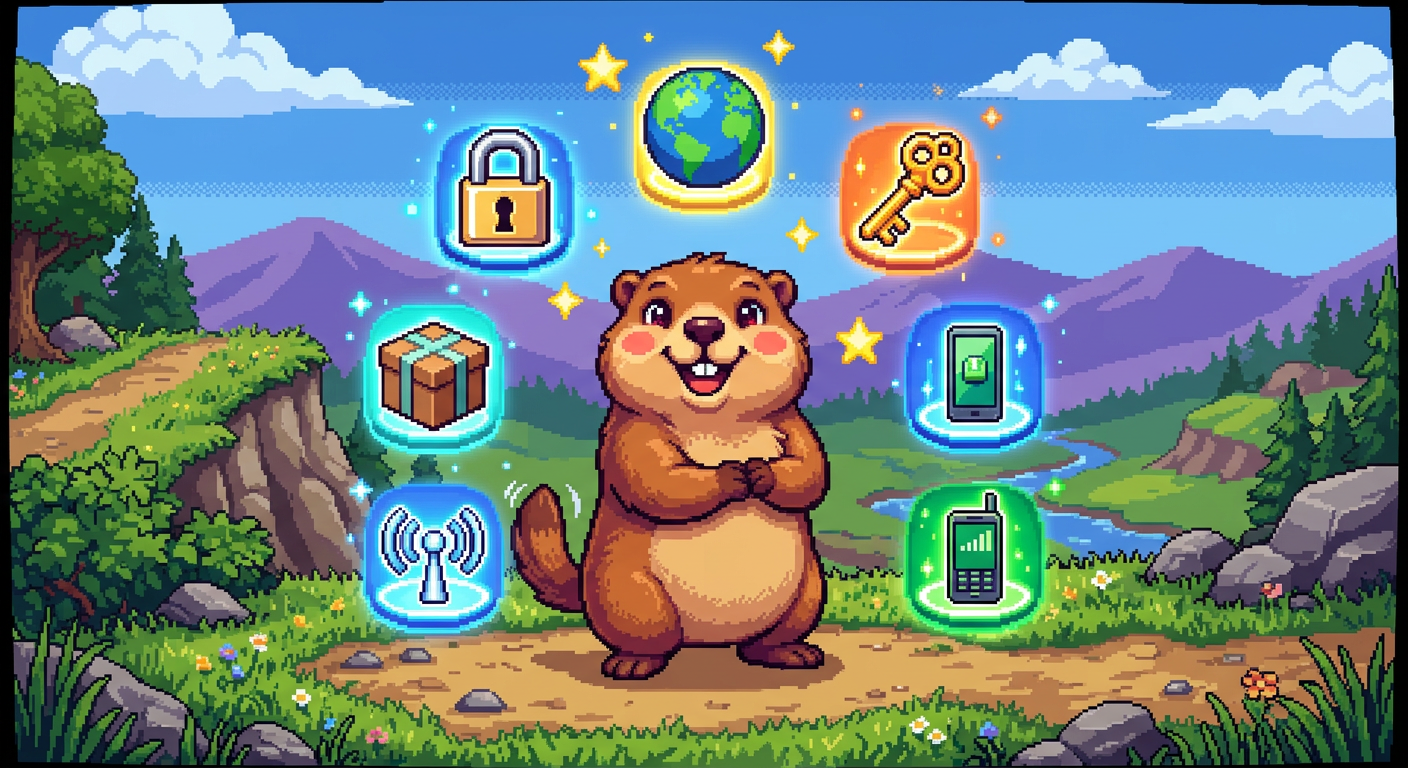 A pixel-art marmot surrounded by glowing icons for encryption, decentralization, key management, and relay connectivity