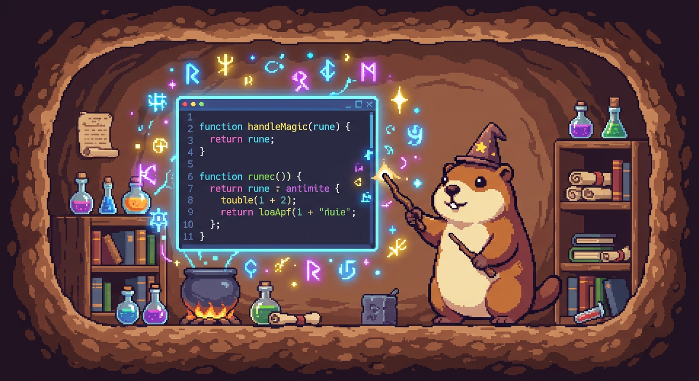 A pixel-art marmot wizard conjuring code in a underground burrow